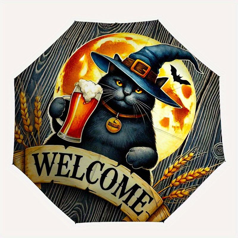 Halloween Cat with Moon Welcome SignUmbrella, Portable 3-Fold Compact Umbrella for Men & Women Gift