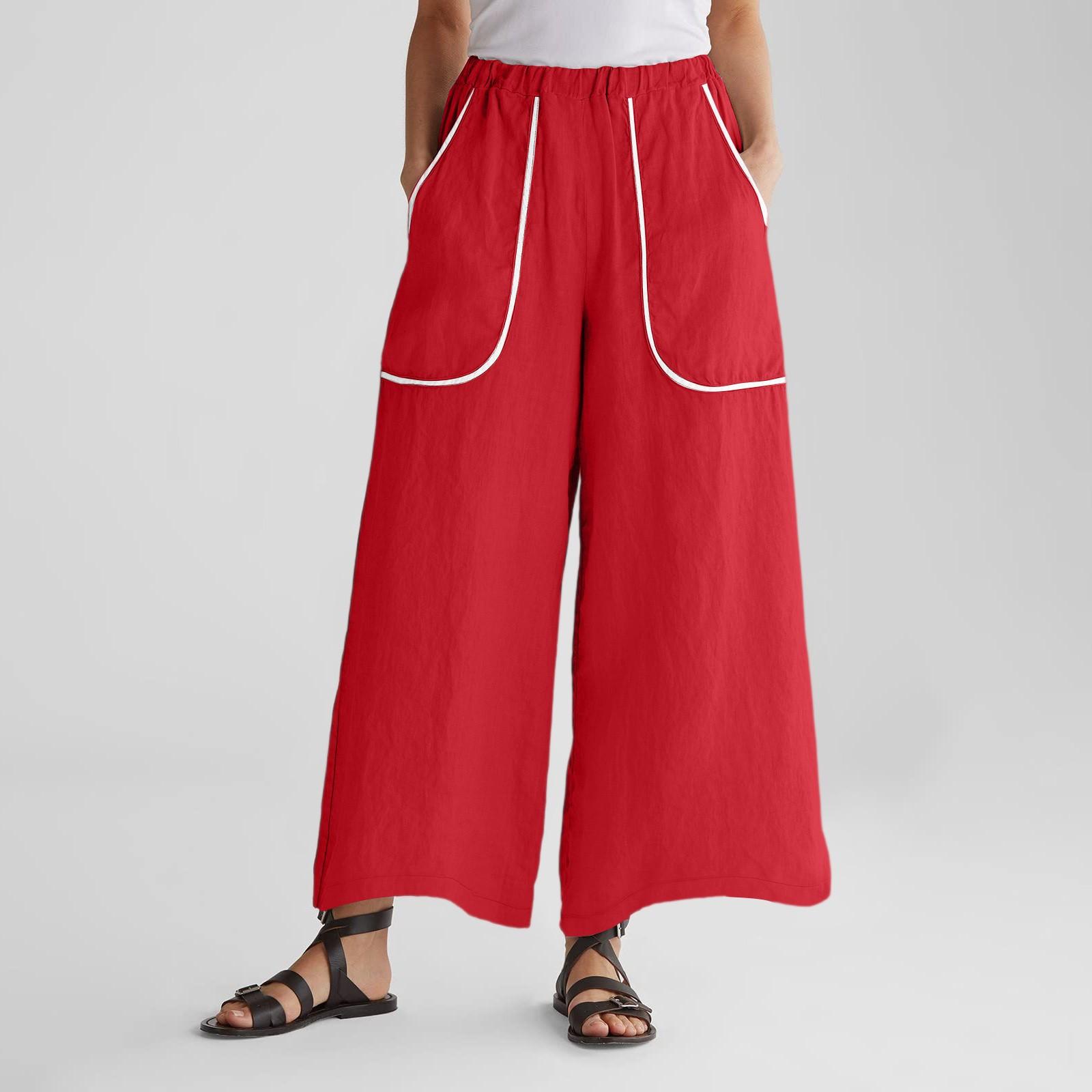 

Women s Wide Leg Pants With Elastic Waistband, Solid Color, Large Pockets, Patchwork Edge, Loose Pants XL червоний