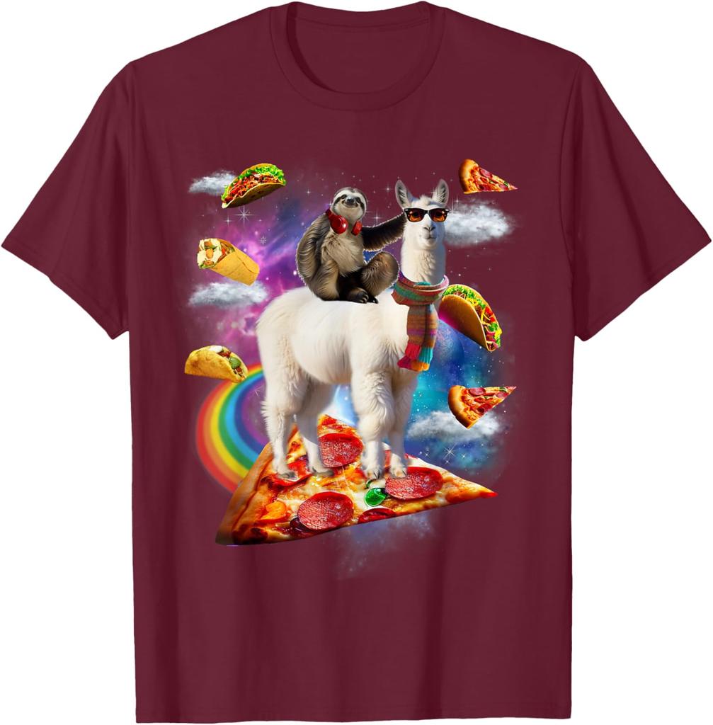 Bradipo che cavalca un lama nella Galassia della Pizza Taco Maglietta Grafica Divertente Casual Unisex Maglietta da Viaggio
