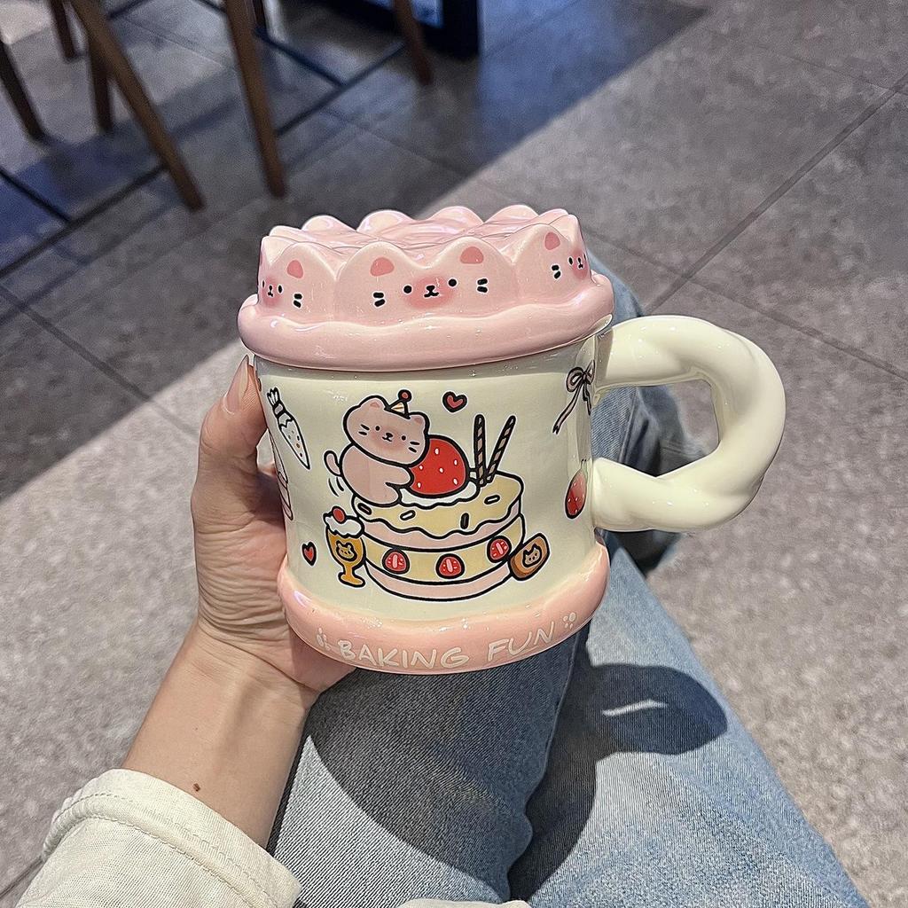 Mug with Lid Spoon High Value Ins Wind Cute Ceramic Cup Couple Drinking Cup for Girls Birthday Gift