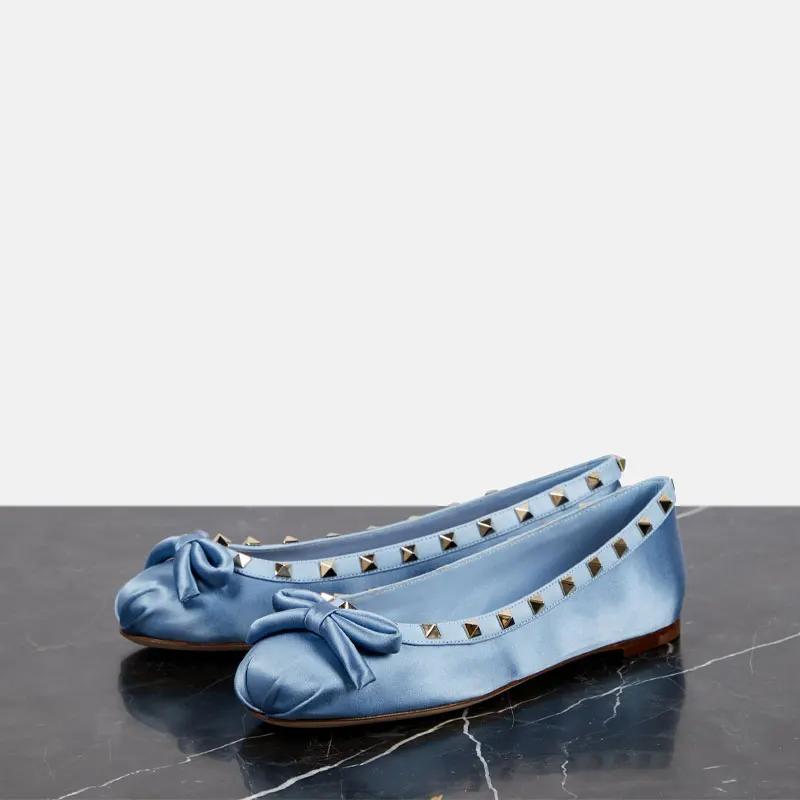 Fashion Bowknot Rivet Pleated Flat Sole Single Shoe Spring/Summer Comfortable Outdoor Hiking Commuting Mary Jane Ballet Student Shoes 44