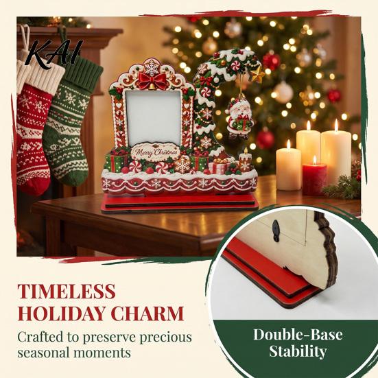 Holiday Photo Storage Christmas Wooden Frame, 2D Picture Holder with Santa Snowman & Snowflake Pendant, Family Display Frame for Home Mantel