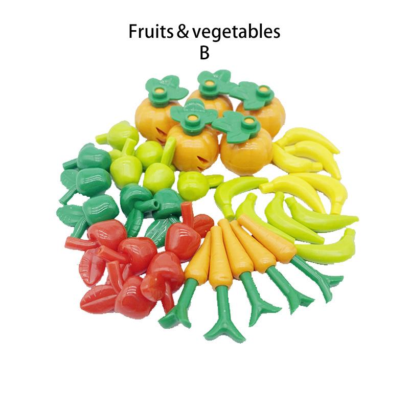 MOC Bausteine Kompatibel mit Lebensmittelmarkt Ausstellungsständer City Bausteine Brot Chips Brathähnchen Meeresfrüchte Obstkorb Spielzeug
