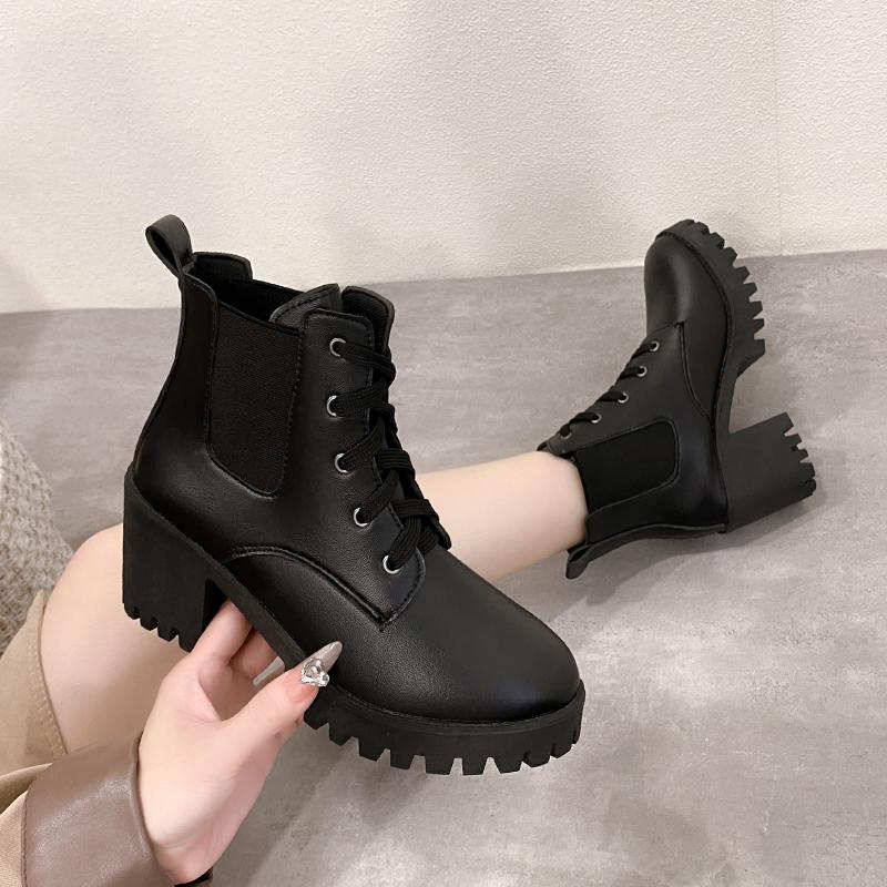 Fashion Women Retro Round Toe Chunky Heels Ankle Boots Autumn New High Heels Shoes Woman Lace Up Platform Short Booties Big Size 43