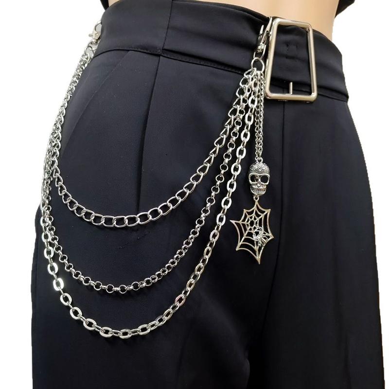 Punkový kovový přívěsek s pavučinou a kostrou, vícevrstvý řetěz na džíny, hip-hopový řetěz na kalhoty, oděvní doplňky, dárky