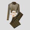 INCERUN Two-piece Men Long Sleeve Striped Mesh Sheer Crop Tops Elastic Waist Pants Sets