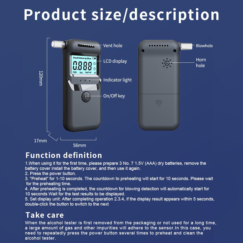 Alcohol Detector Portable Digital Alcohol Breath Tester LCD Display Breathalyzer for Drunk Driving Test Use with 5 Mouthpieces