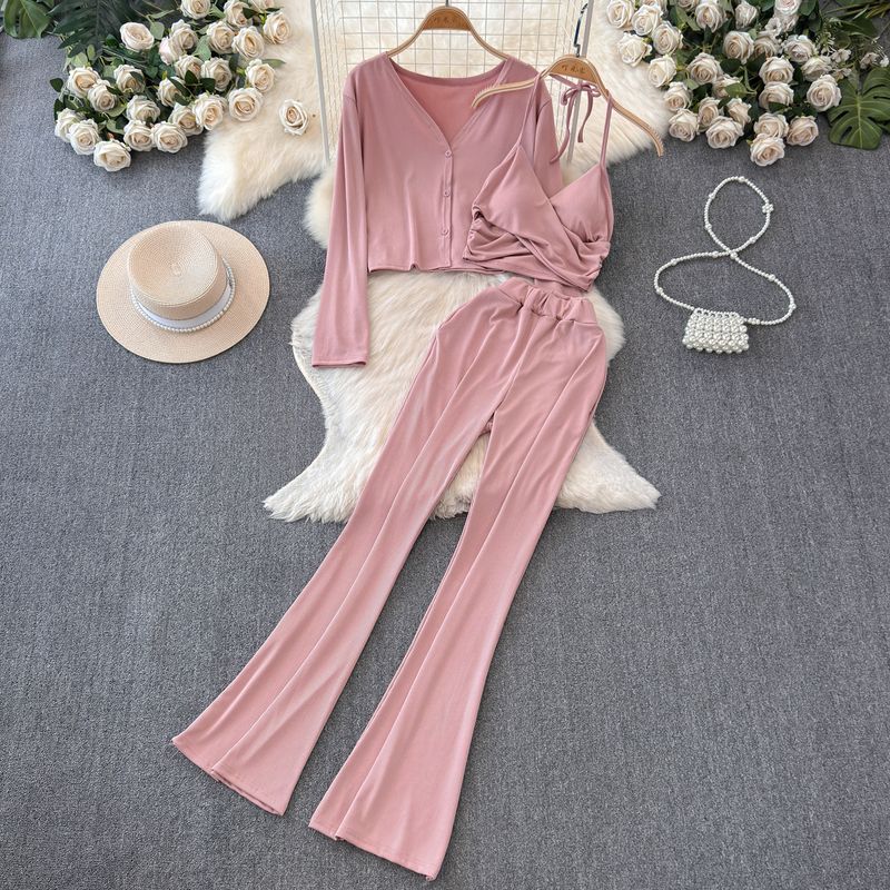 

Autumn Suit Women s Short Long Sleeve Spaghetti-Strap Knitwear + High Waist Slim Looking Casual Bootcut Pants Three-Piece Suit Fashion Pink three-piece set All yards