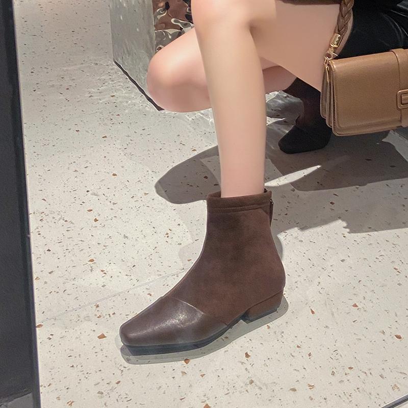 Fashion Spliced Suede Low Heel Single Shoes Fall New Square Toe Rear Zip Anti-Slip Wear-Resistant Shoe