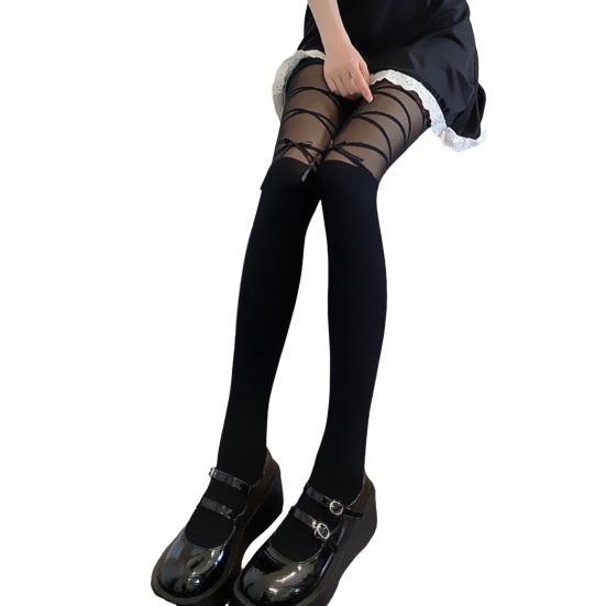 1 Pair Women Stockings Lace Patchwork Bow Decor High Elasticity Over Knee Length Skinny Solid