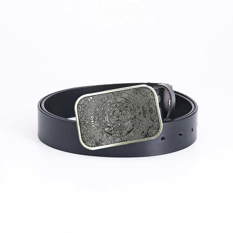 Glossy Whole Cowhide Belt, Zinc Alloy Ancient Tin Aztec Calendar Belt, Retro Large Size Pure Leather Belt.