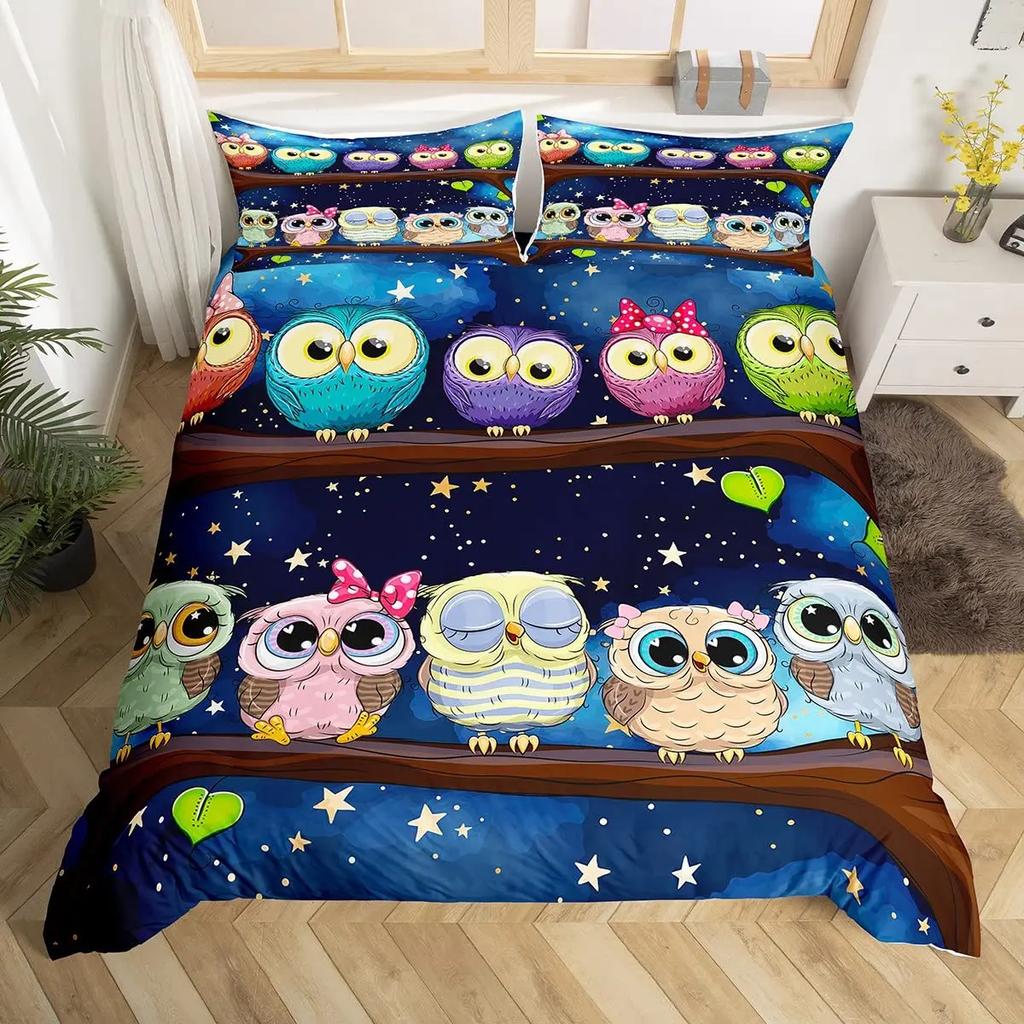 Owl King Queen Duvet Cover Adorable Funny Cartoon Animal Bedding Set for Kids Boy Colorful Wildlife 2/3pcs Polyester Quilt Cover