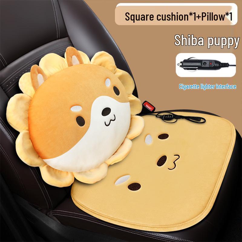 Cartoon Doll Style Heated Car Seat Cushion Set - Three Pieces for Winter Comfort