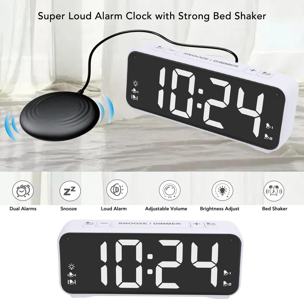 Extra Loud Dual Alarm Clock with Bed Shaker LED Display Bed Shaking Alarm Clock Snooze Function for Heavy Sleepers