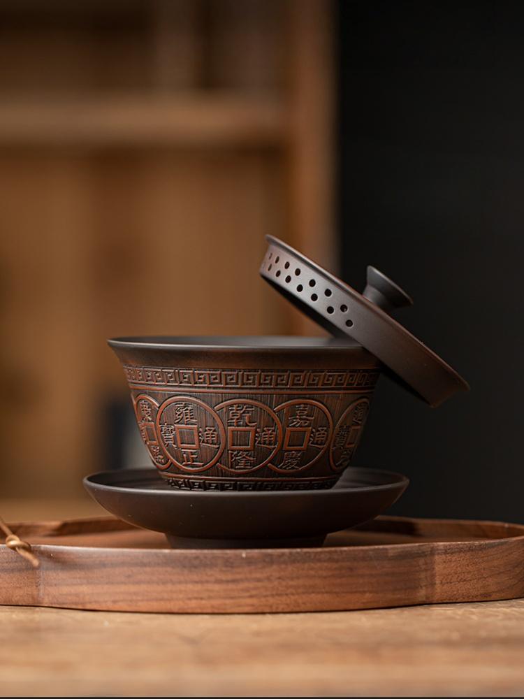 Jianshui Clay Purple Pottery Gaiwan Ceramic Handmade Household Kung Fu Tea Set Tea Bowl Tea Cup Tea Maker Tea Ceremony