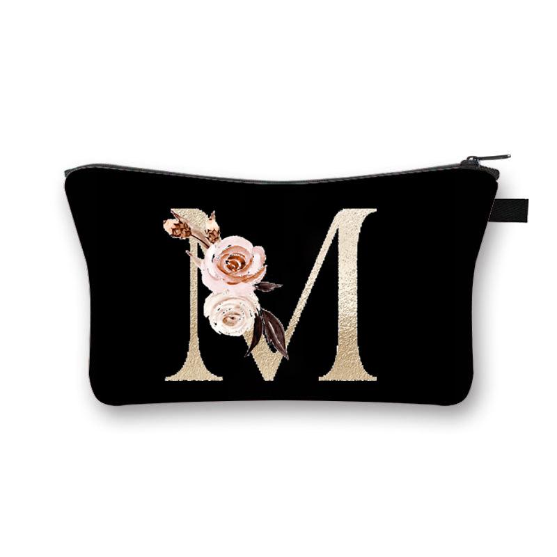 Vintage Golden Flower Alphabet Travel Cosmetic Bag Waterproof Toiletry Organize Pouch for Women