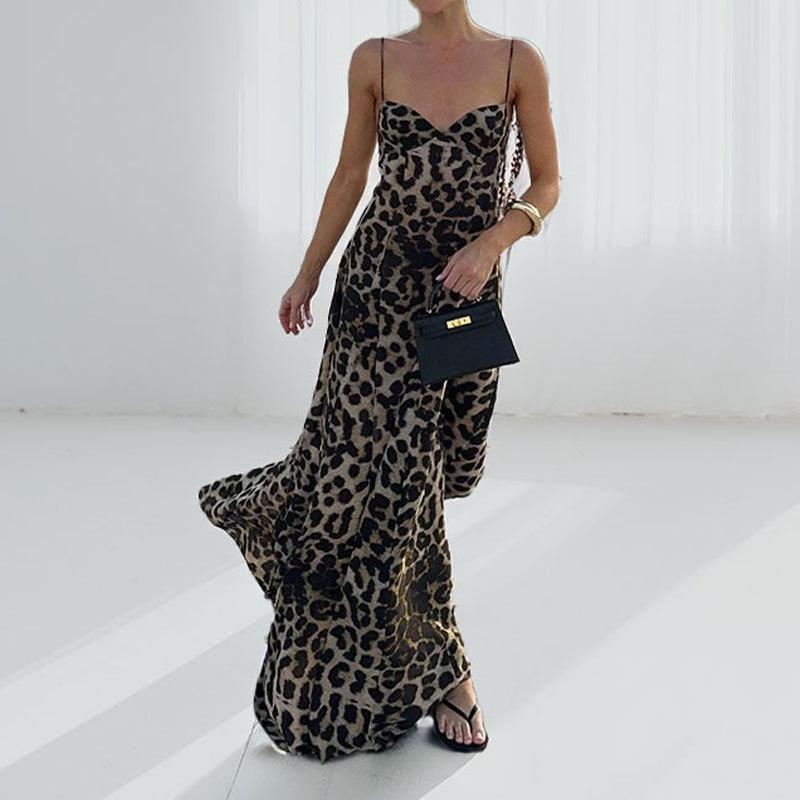 Women Fashion Sexy Leopard Print High Waist Spaghetti Strap Long Dress