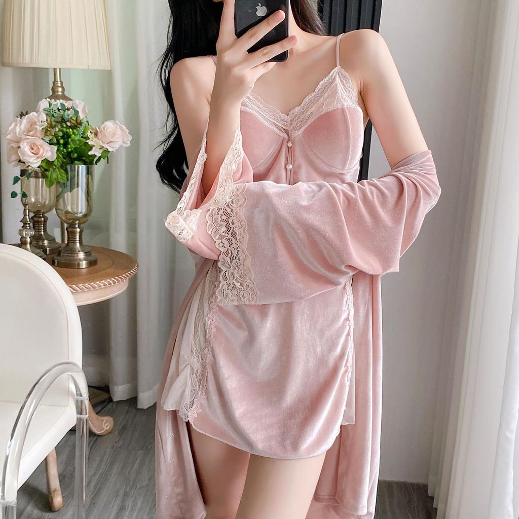 Yase [Confession Message] Sexy Pajamas Women's Golden Velvet Pure Desire Wind Suspender Pajama with Chest Pad Pajama Set
