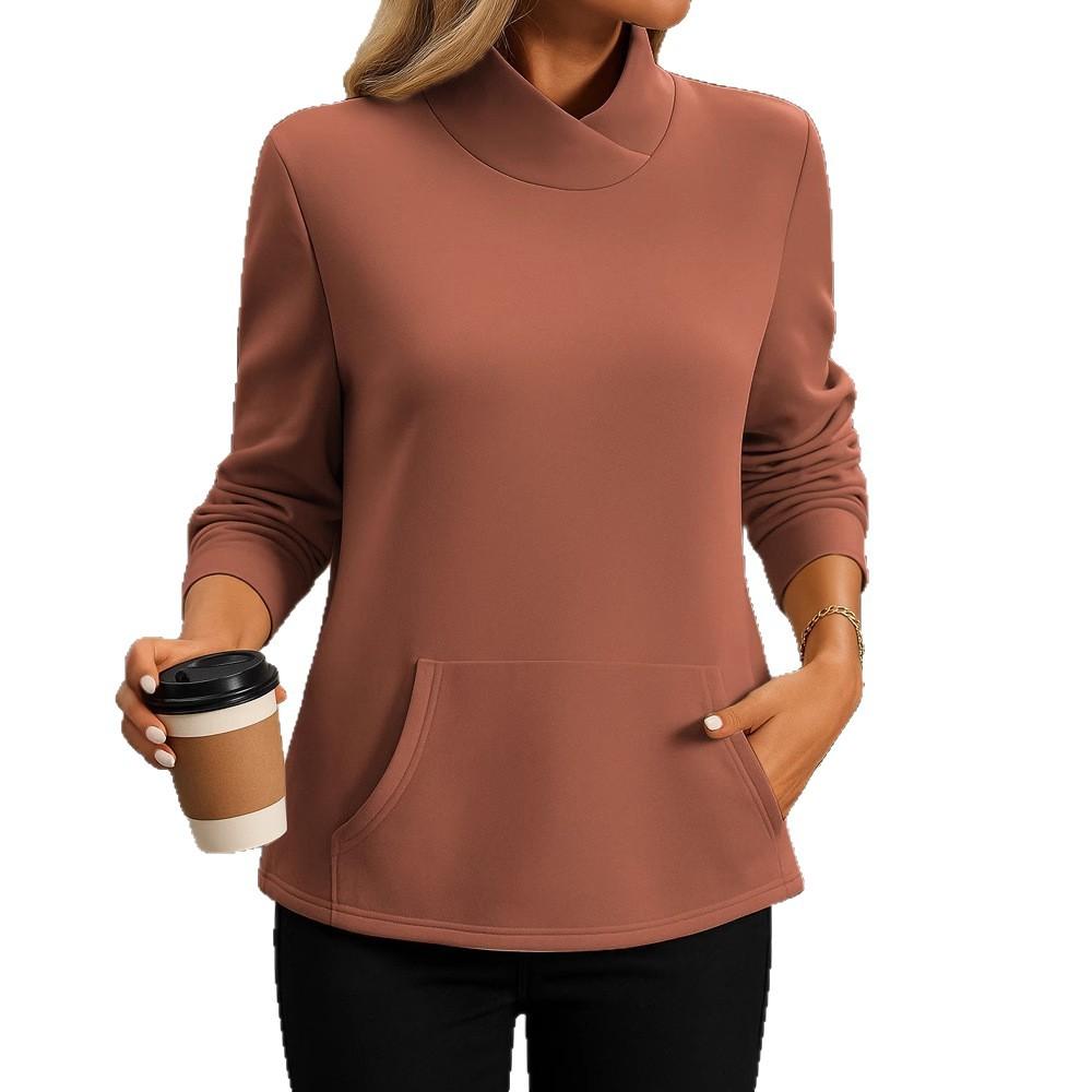 

Ladies Spring Autumn Casual Big Pocketstand Collar Long-sleeved Solid Color Pullover Hoodies Sweatshirt Top S