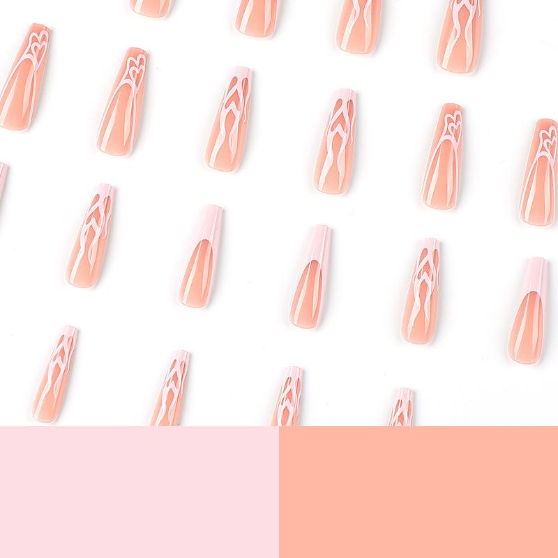 24Pcs/Set Quick Nails Pink French Flame Heart False Nials Sticker Wearable Waterproof Manicure Finished Nails