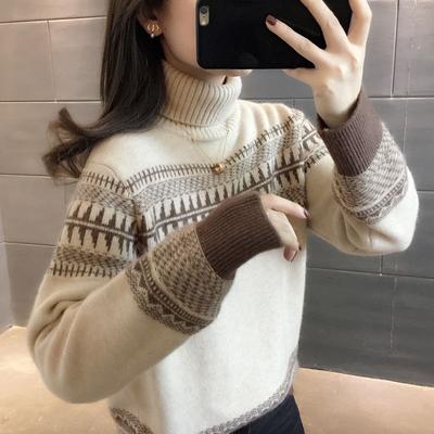 Sweater for Women Autumn Winter Thickened Warm Knitted Stretchy Long Sleeve Striped High Neck Sweater Tops