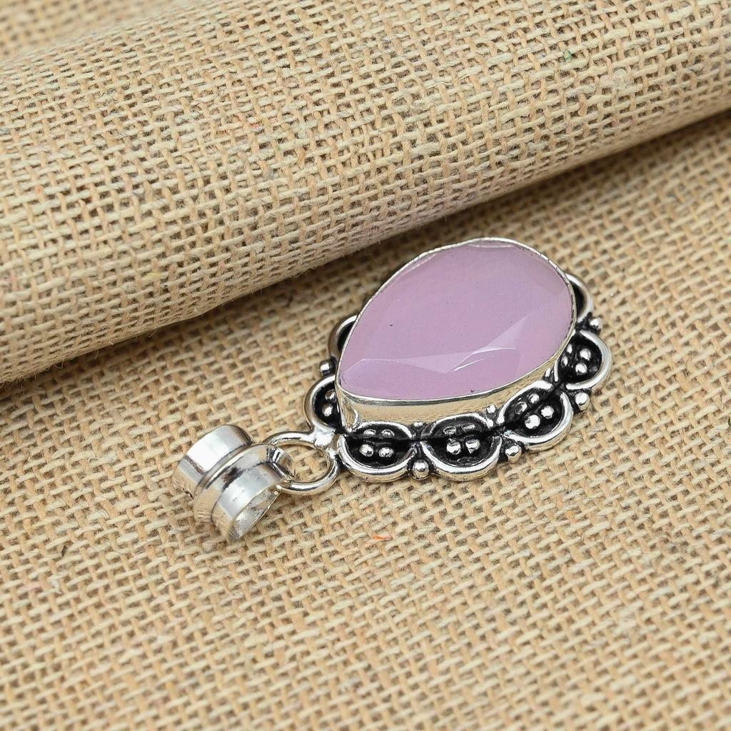 Pink Chalcedony Gemstone Handmade 925 Sterling Silver Charming Pendant Jewelry For Her