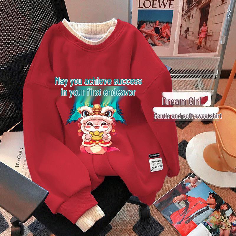 Women's Plus Size Red Round Neck Sweatshirt, Fleece-lined, Winter Layered Look, New Year Style