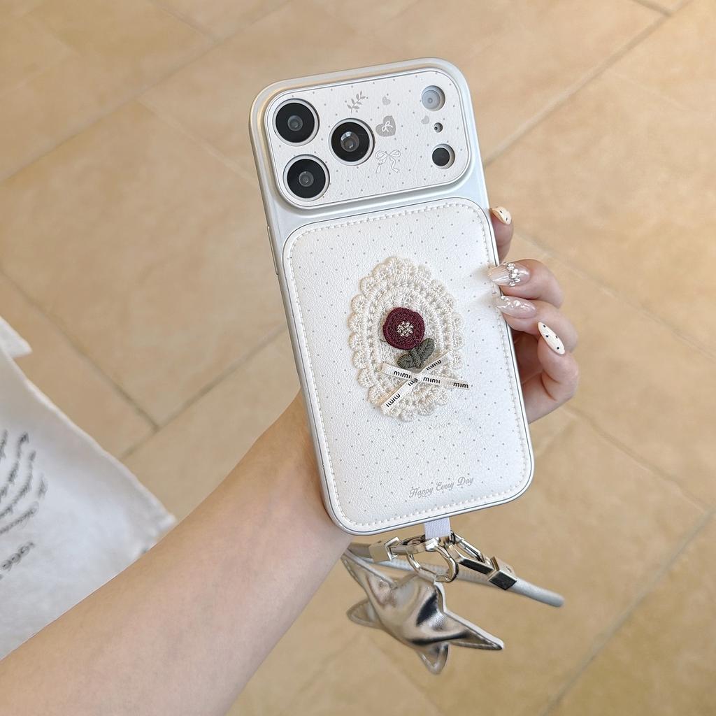 White Leather Red Flower and Lace Bow Decoration with Wrist Lanyard Phone Cover Case for IPhone 17 16 15 14 13 Pro Max Plus