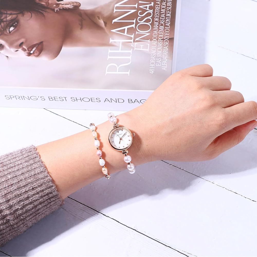 "Fashion Pearl Bracelet Watch Analog Display 3ATM Waterproof Stainless Steel Bangle Rose Gold Women's Accessories"