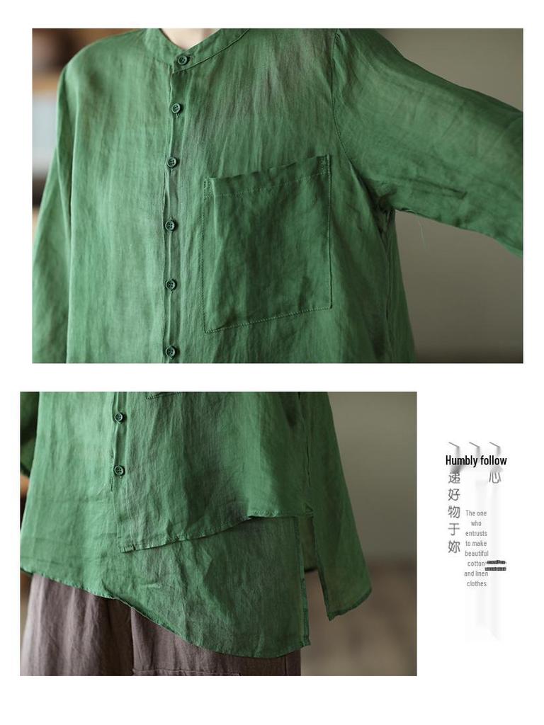 Damen Retro Baumwoll- & Leinenhemd - Frühling/Sommer 2024, Nischendesign mit Dreiviertelärmeln, lockere Passform.