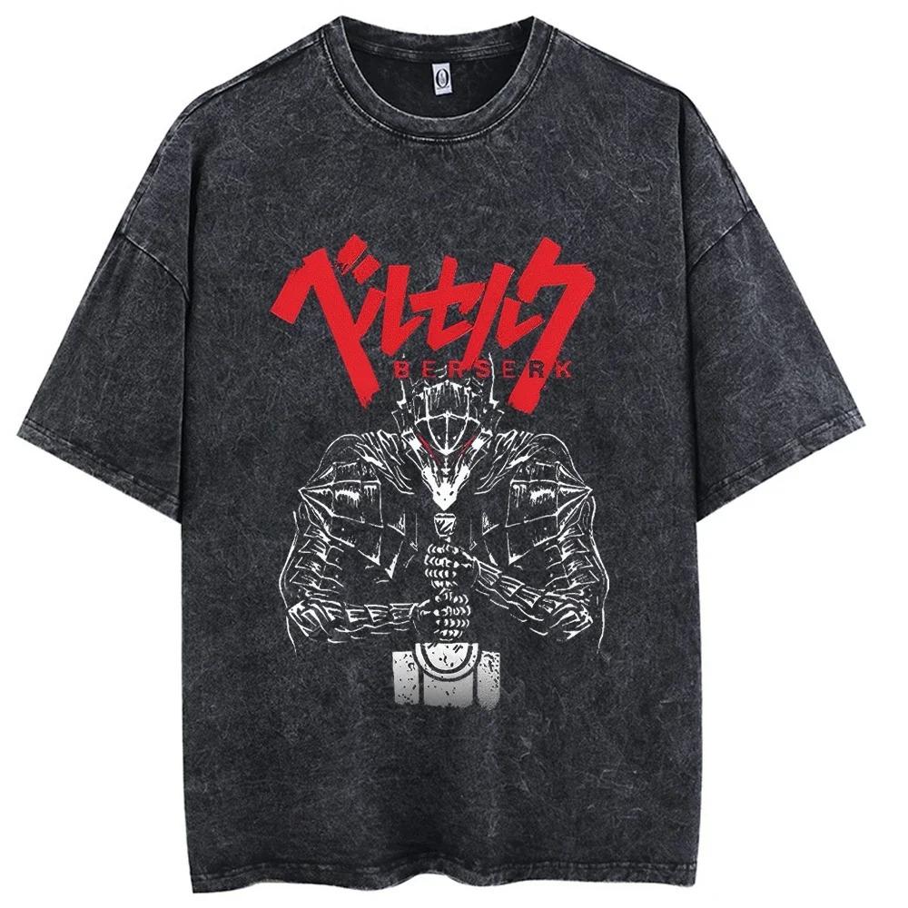 Vintage Washed Oversized Short-Sleeve T-Shirt Featuring Berserk Guts In Berserker Armor, Dragonslayer Sword and Giant Wolf Head Sketch Graphic Print