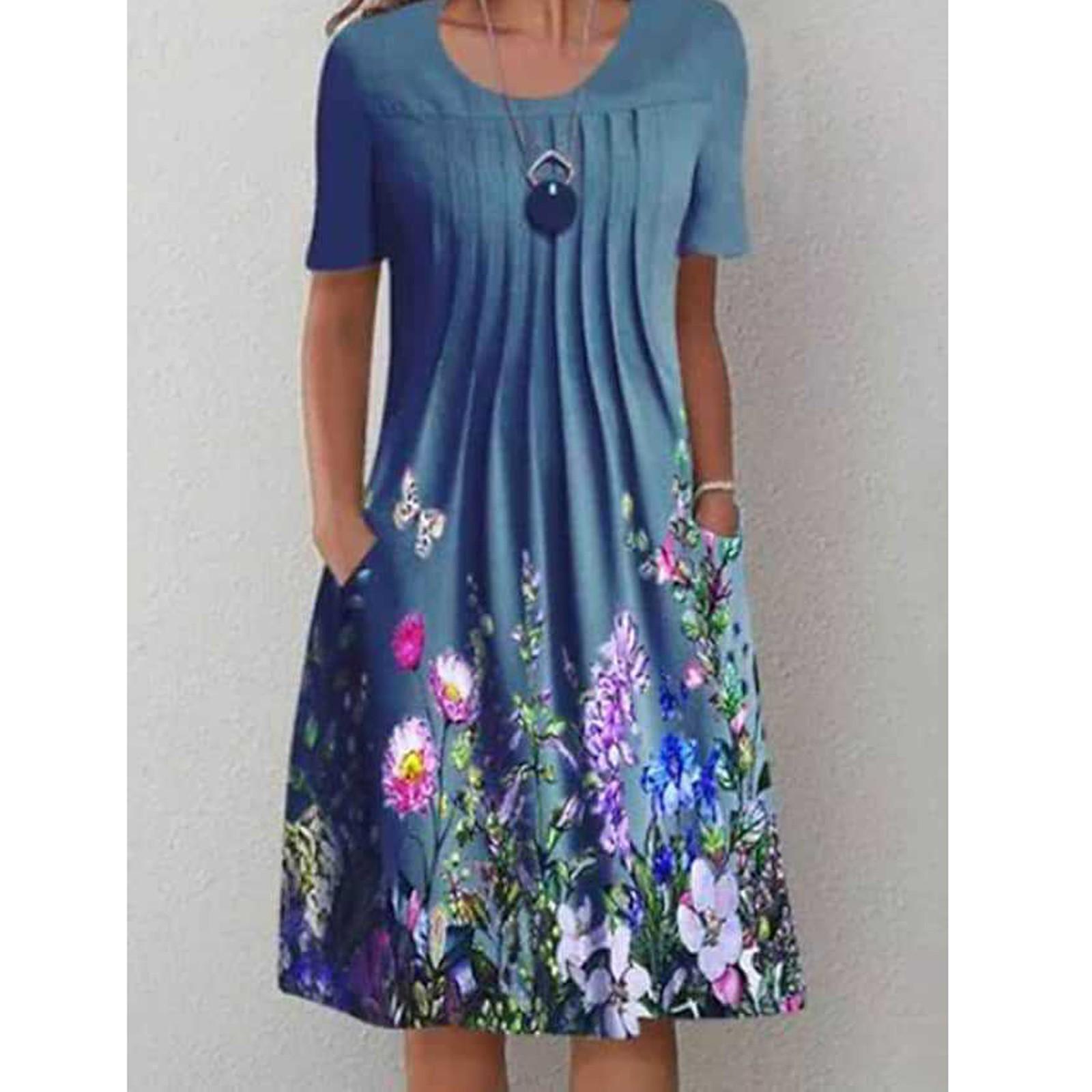 

Women s Summer Casual Fashion O-neck Short Sleeve Print Pullover Loose Dress M синий