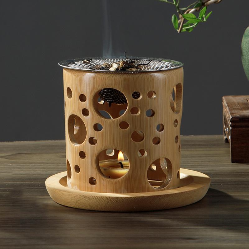 Bamboo Candle Holder Aromatherapy Heating Holder with Stainless Steel Strainer Incense Burner for Yoga SPA Aromatherapy