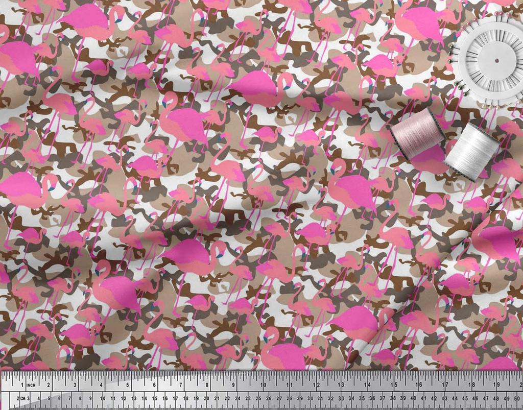 Soimoi Japan Crepe Satin Fabric Camouflage Texture & Flamingo Bird Printed Craft Fabric by the Metre 42 Inch