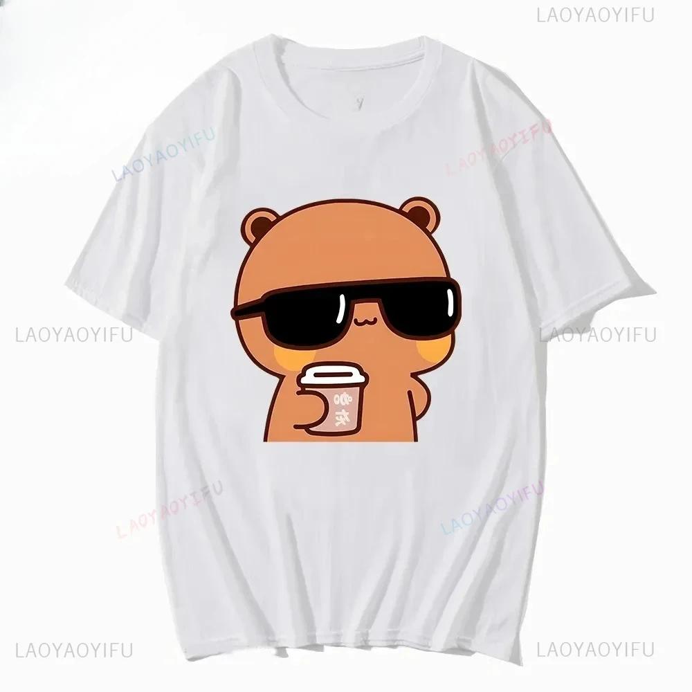 Couple Tee Bubu Is Watching Movies and Milk Tea with Dudu T-shirt Cartoon Cute Graphic Tees for Ladies Kawaii Cotton Unisex Tops