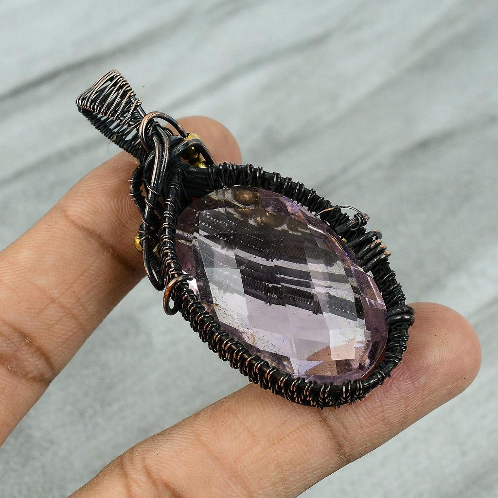 Pendentif Kunzite Rose Cuivre Pendentif Enveloppé de Fil de Cuivre Pierre Précieuse Kunzite Bijou en Cuivre Pendentif Fait Main Cadeau pour Mère Bijou en Fil de Cuivre