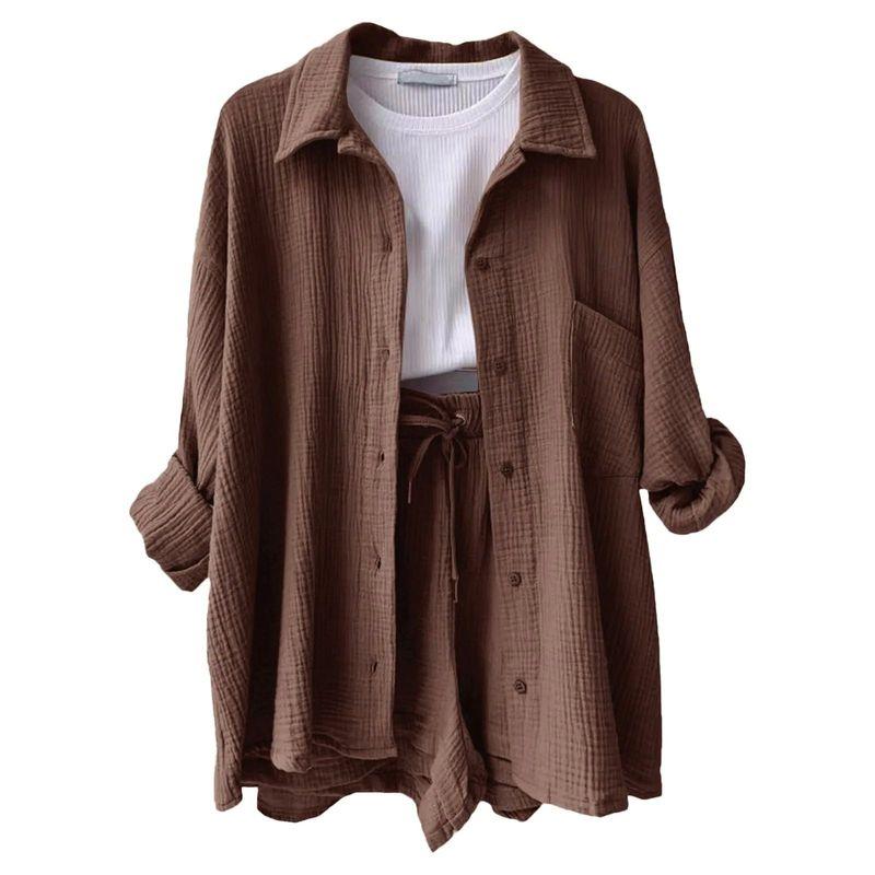 

Collar Shirt Drawstring Shorts Set Long Sleeves Lapel Shirt Drawstring Shorts Suit COFFEE XL