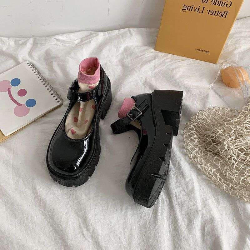 Black Mary Jane Small Leather Shoes Women's Summer Thin Japanese Jk Thick-soled Shallow Mouth Retro British Style with Skirt Single Shoes