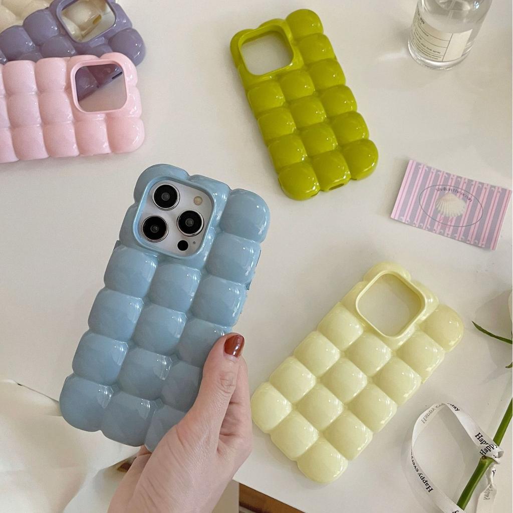 Cute Stylish Bread Chocolate Block 3D Phone Case For iPhone 14 13 12 15ProMax 11 Glossy Protective Cover Fundas INS Solid Color Macaron Egg Waffle
