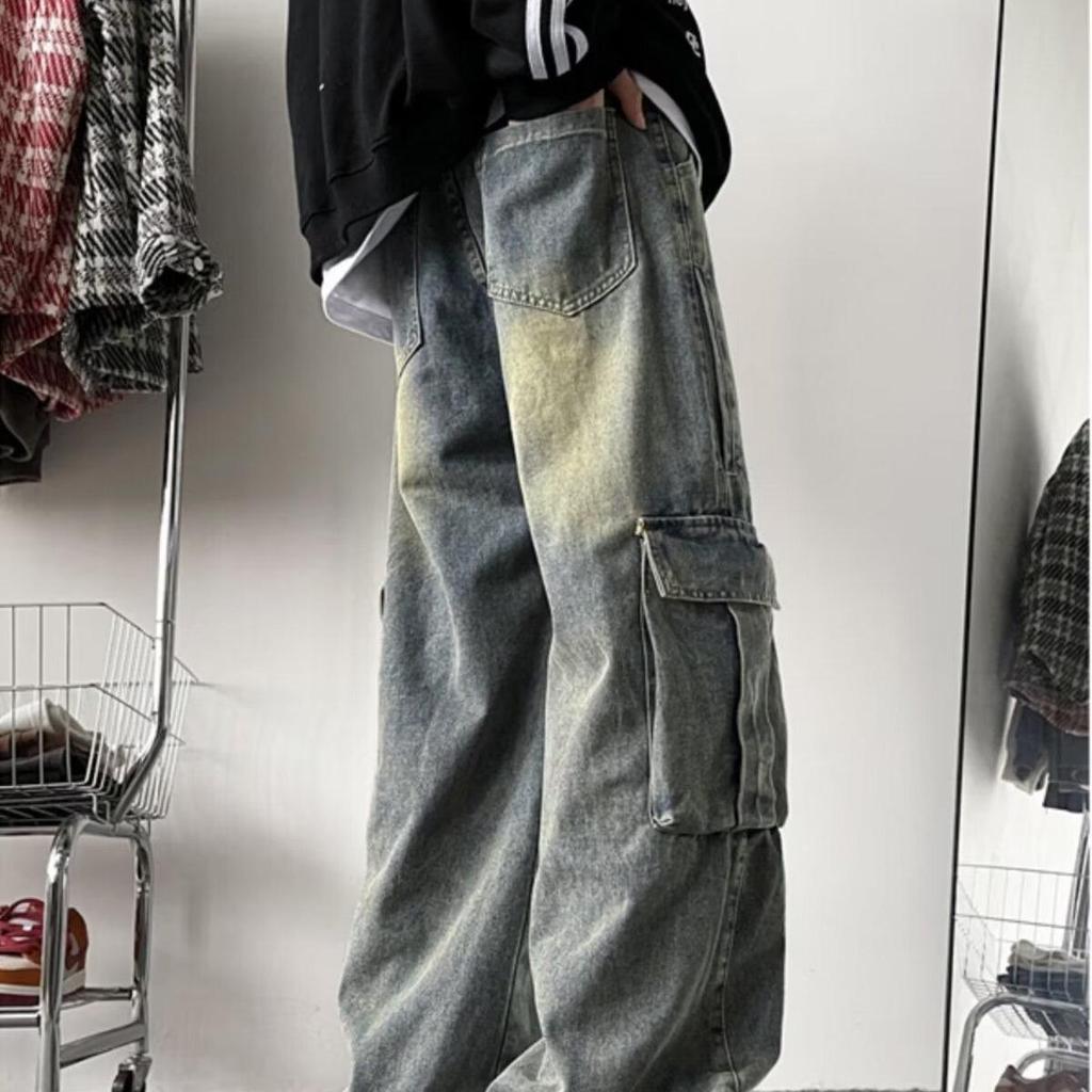 Men's Summer Trendy Wide-Leg Cargo Jeans with Large Pockets - Washed Retro Floor-Length Pants