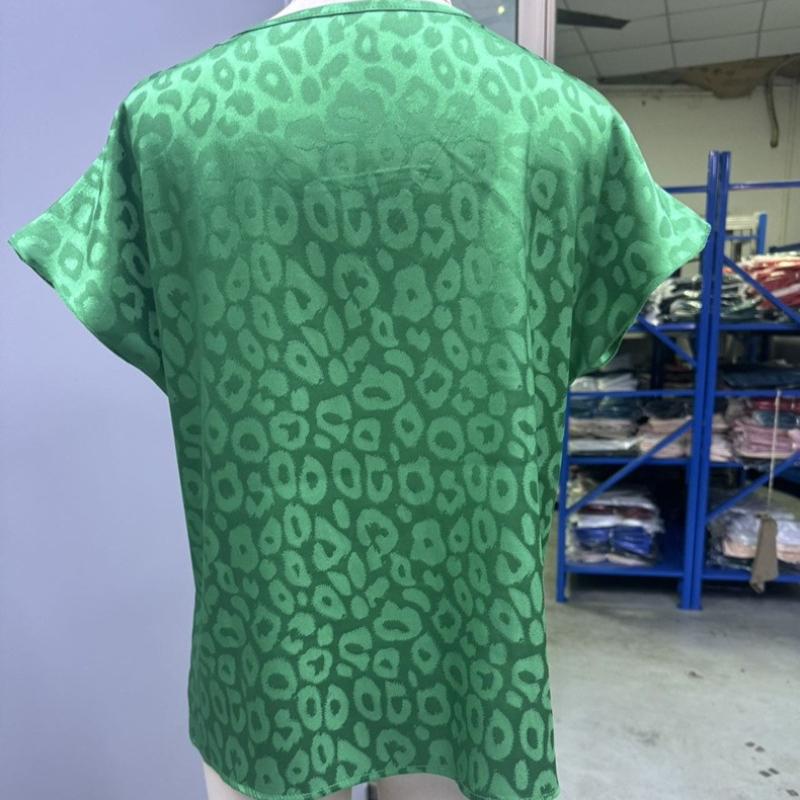 Letní nové kulaté výstřih s leopardím potiskem sexy dámské košile elegantní saténové volné ležérní halenky s krátkým rukávem dámské štíhlé elegantní svetr dámská košile 26565