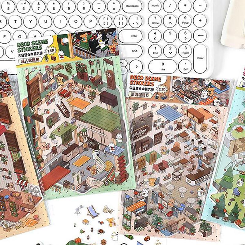1Set Cartoon Miniature Scenes Landscape Stickers Creative 2.5D Cabin Scene DIY Decorative Stickers Festival Birthday Gifts