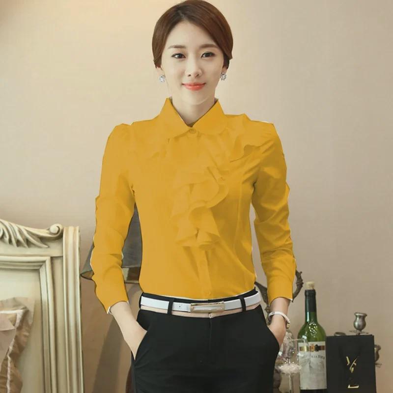 Весенняя корейская рубашка с воротником-стойкой, белая шифоновая, с длинным рукавом, приталенная женская рубашка 4XL жёлтый