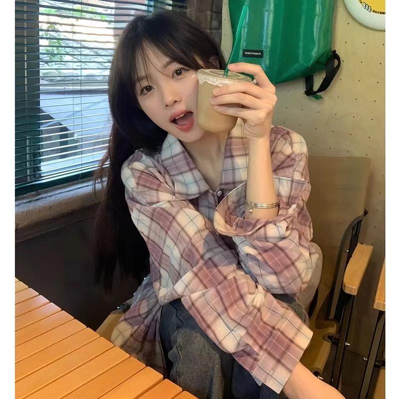 

Женская куртка в клетку в корейском стиле с длинным рукавом - Весенне-осенняя повседневная модель свободного кроя Large