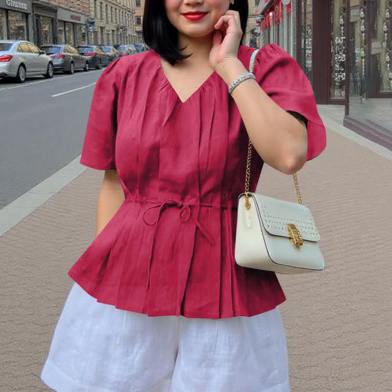 ZANZEA Women Casual V-Neck Summer Short Sleeve Blouse