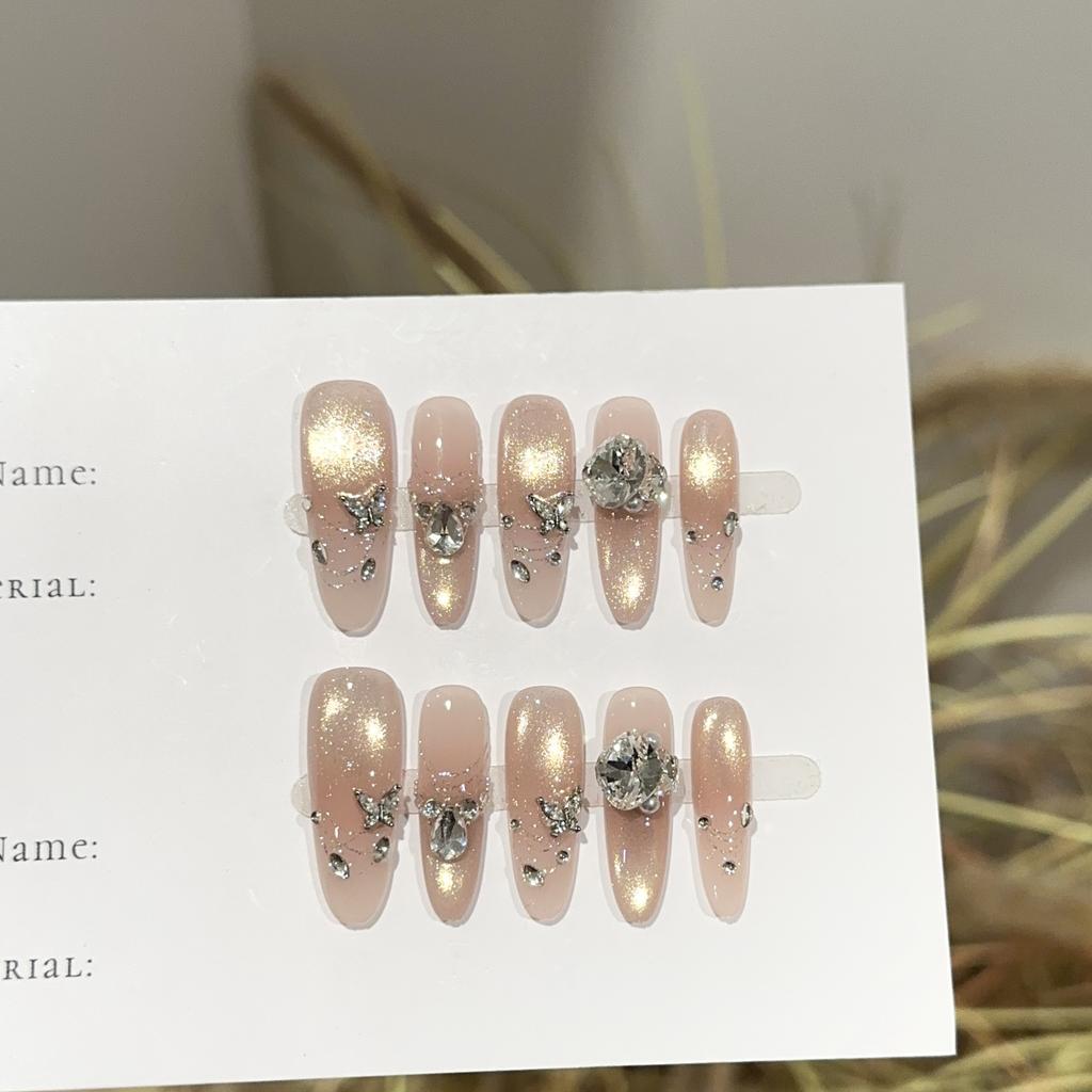 Women Long Press‑On Nails Pure‑Handmade Pink Gold Cat‑Eye Zircon Butterfly False Nail Patches