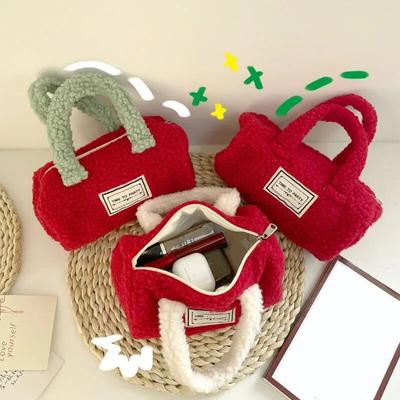 Borse da donna per cosmetici, borse per organizer per telefono, moda, borsa in lana di agnello rossa, borsa per ragazza, borsa per trucco in peluche, regalo di Natale