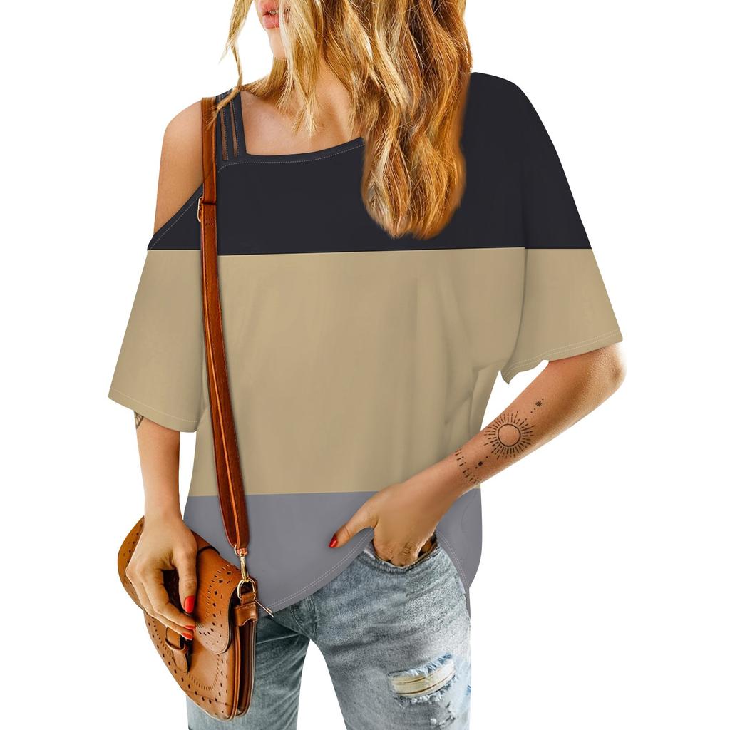 Damenmode One-Shoulder Color Block Sexy Mittelärmeliges Casual T-Shirt