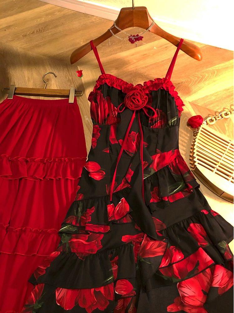 

Rose Island Oil Painting Floral Layered Long Skirt Set by ALITTLE Messy S