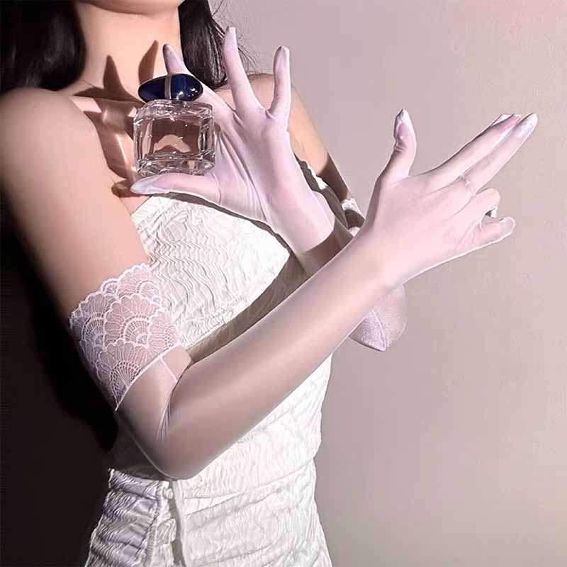 Women Glossy Lace Stockings Aurora Gloves Sexy Ultra-thin Transparent Elastic Finger Tight Mittens Party Fashion Long Gloves